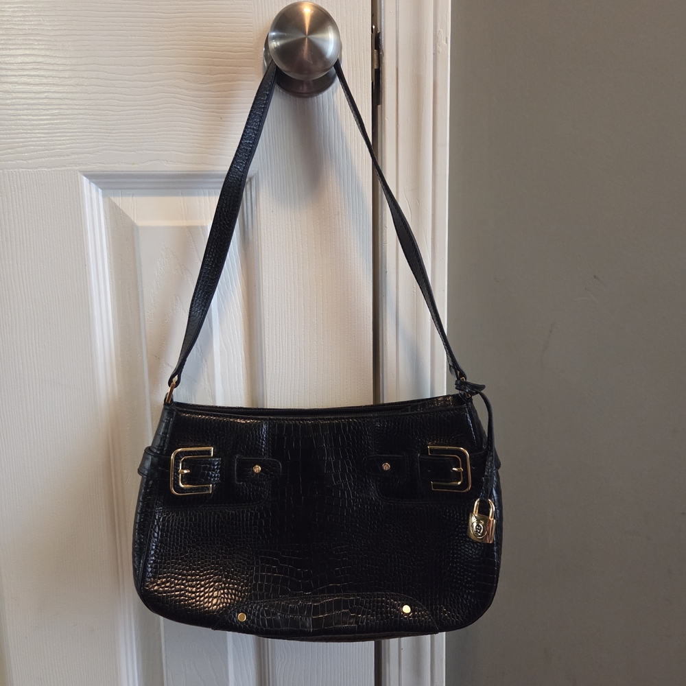 Etienne Aigner Croc-Embossed Black Shoulder Bag
